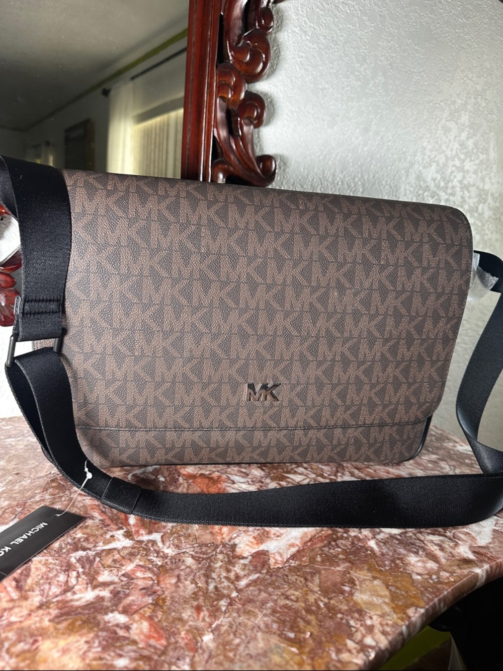 Michael Kors Brown MK Signature Messenger Bag with Black Strap